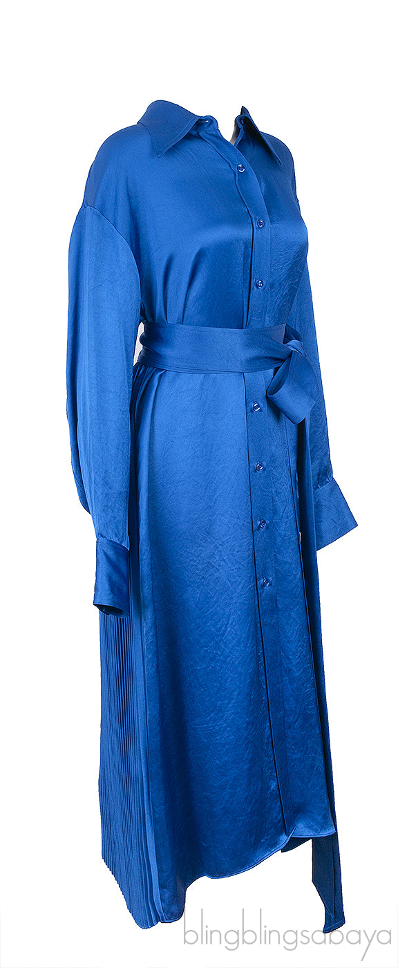 Blue Belted Pleated Satin Shirt Dress