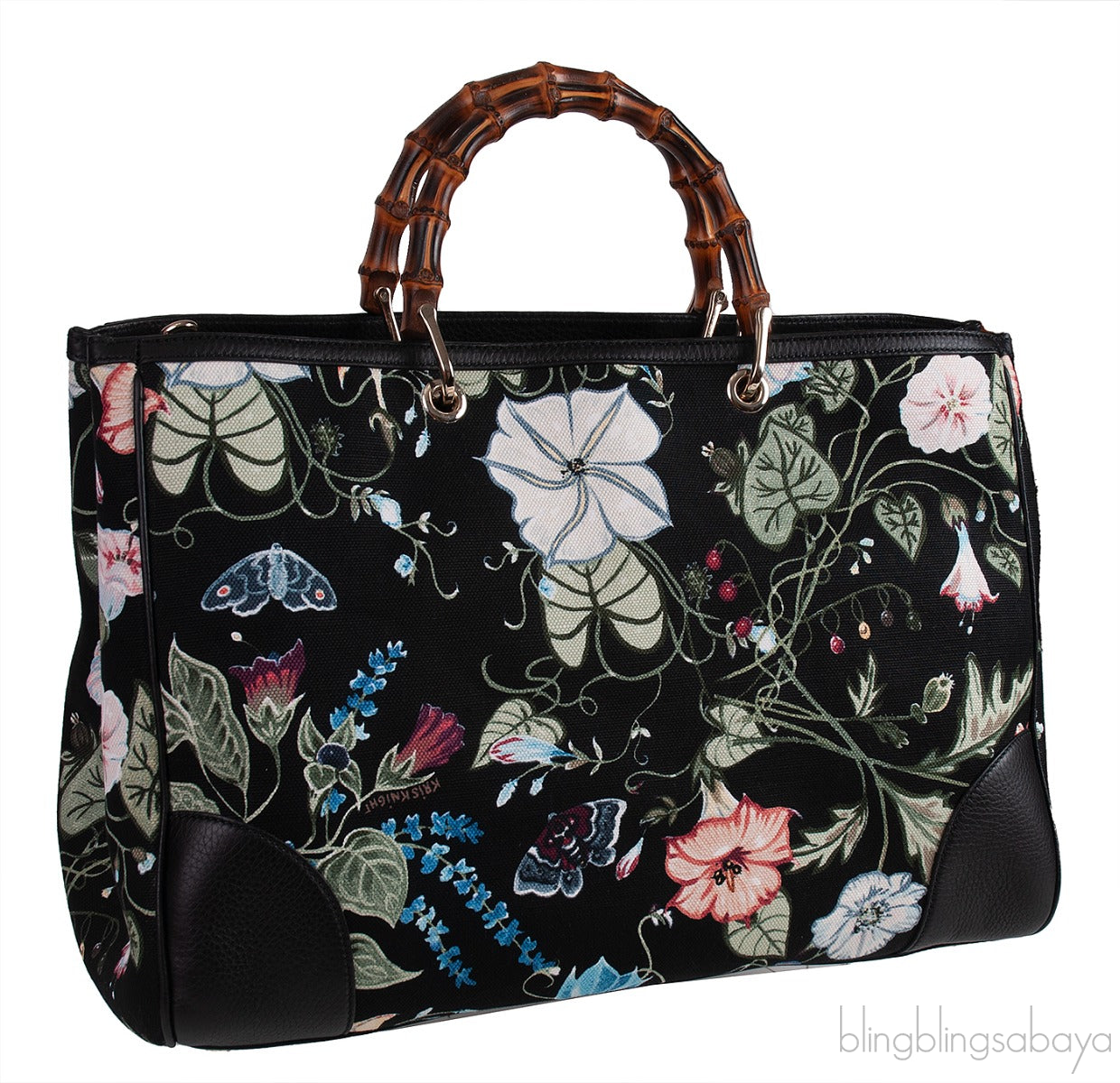Gucci Black Printed Canvas Bamboo Shopper Tote