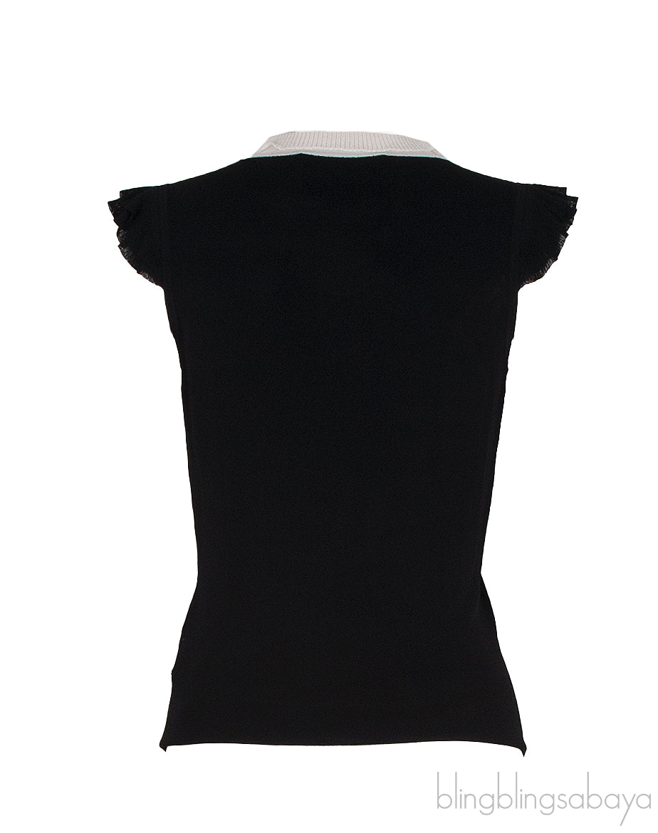 Black and White Ruffle Trim Blouse