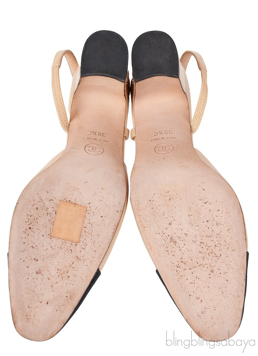 Beige Leather Cap Toe Slingback Shoes