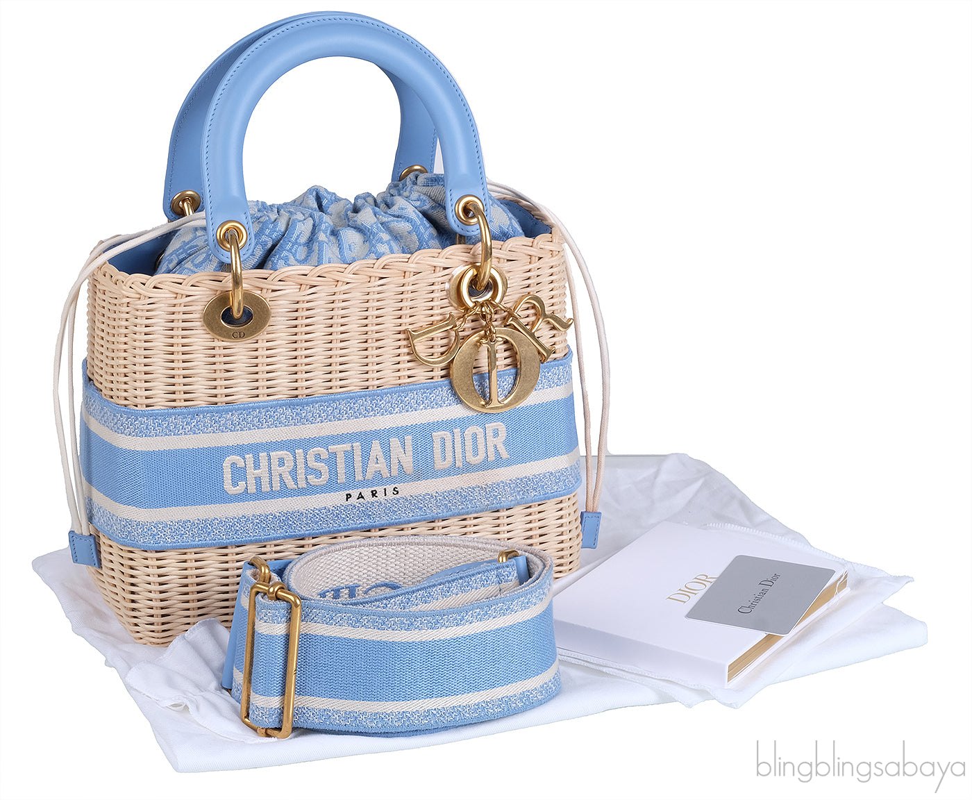 Lady Dior Natural Wicker & Light Blue Dior Oblique Jacquard Medium