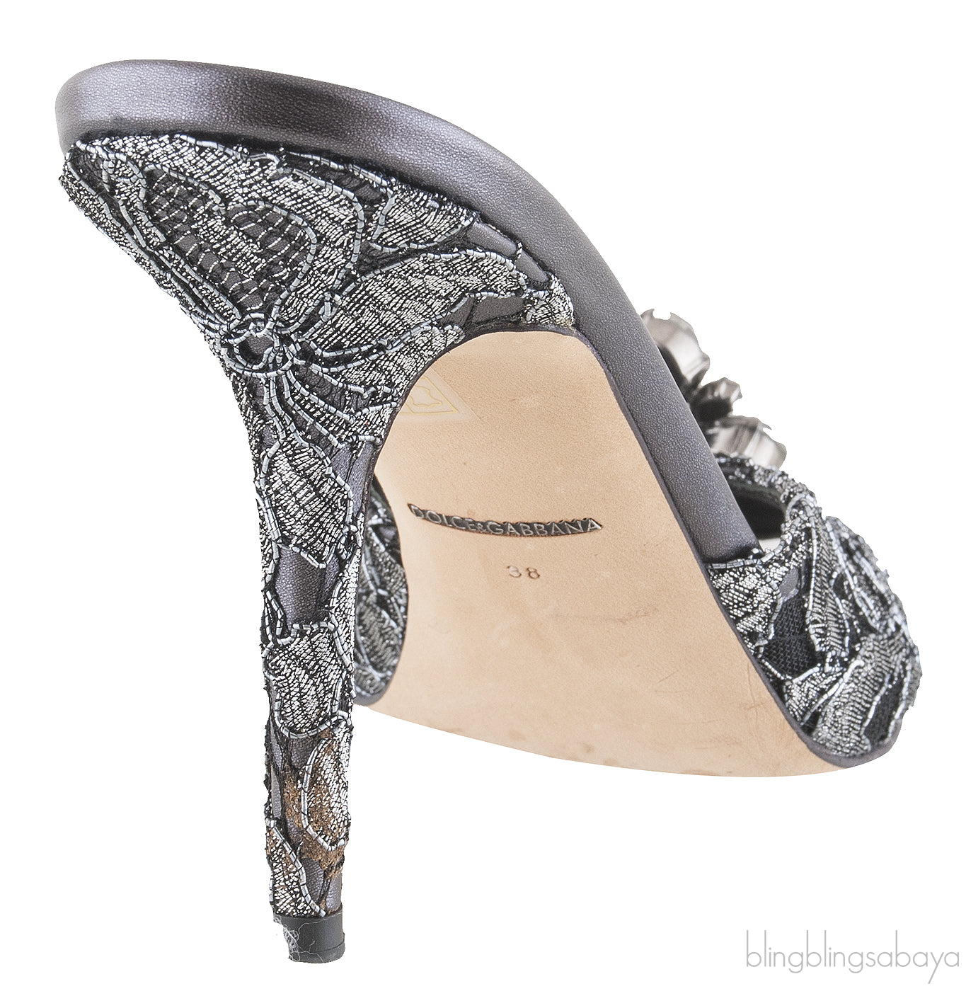 Grey Lace Crystal Vamp Slip-on Sandals