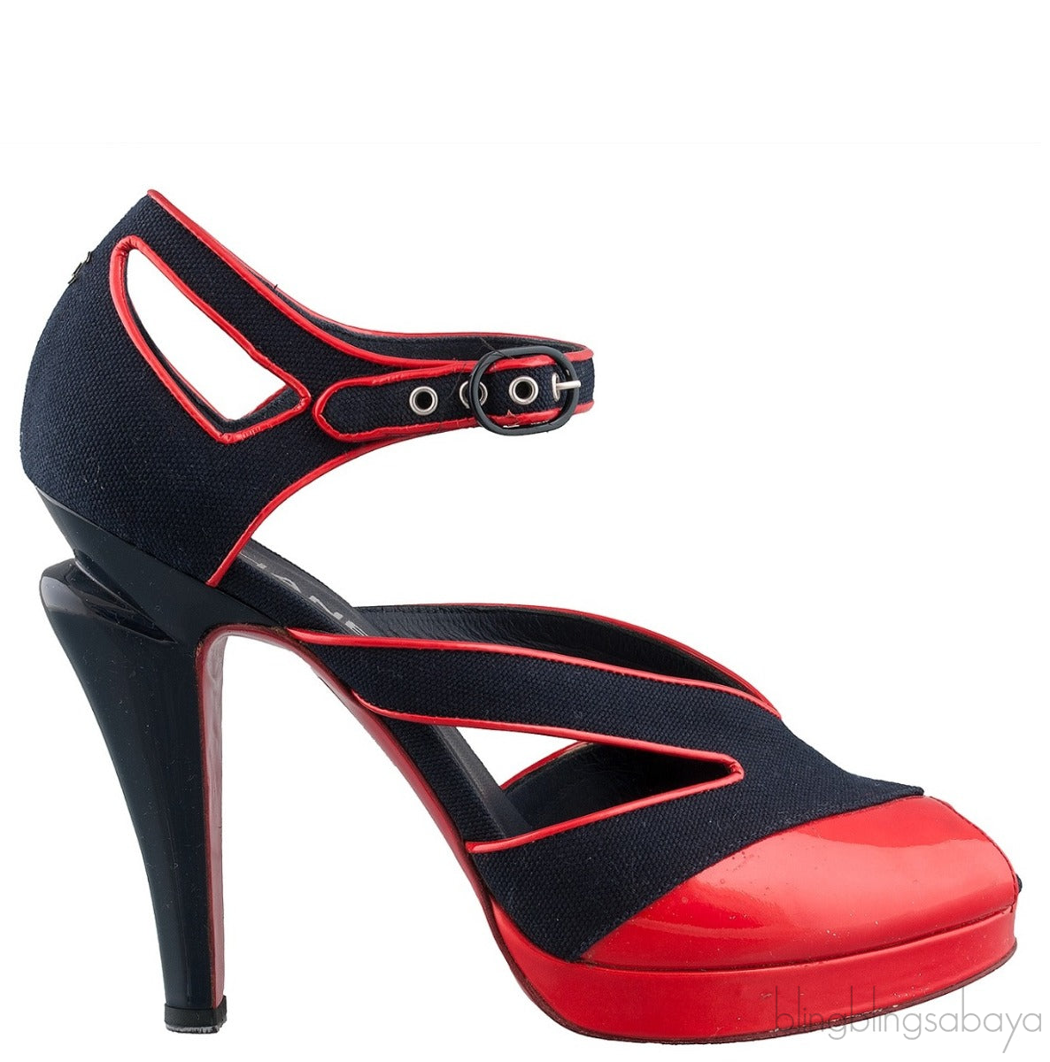 Blue Red Trim Leather Heels
