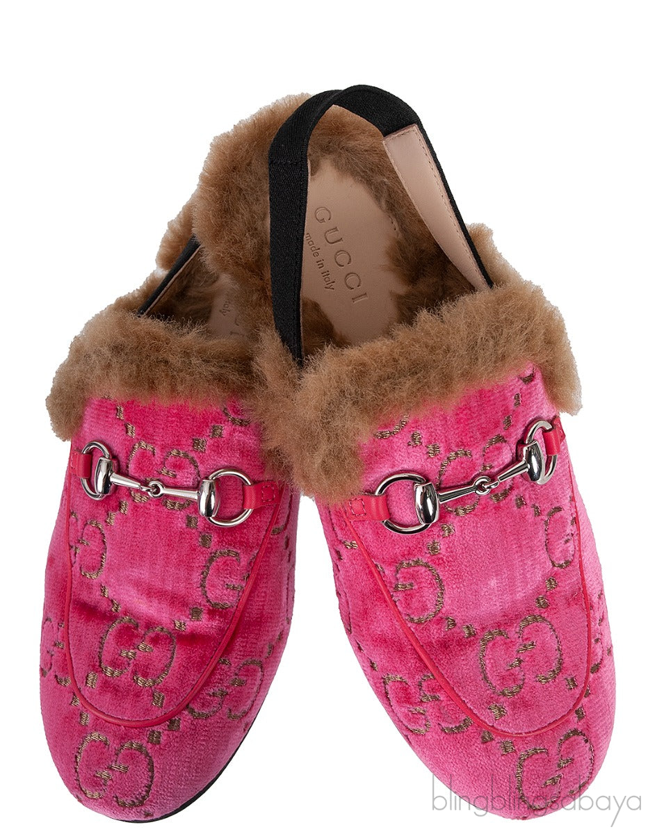 Pink Princetown GG Velvet Kids Shoes