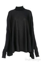Black Long Sleeves Turtle Neck Poncho Top