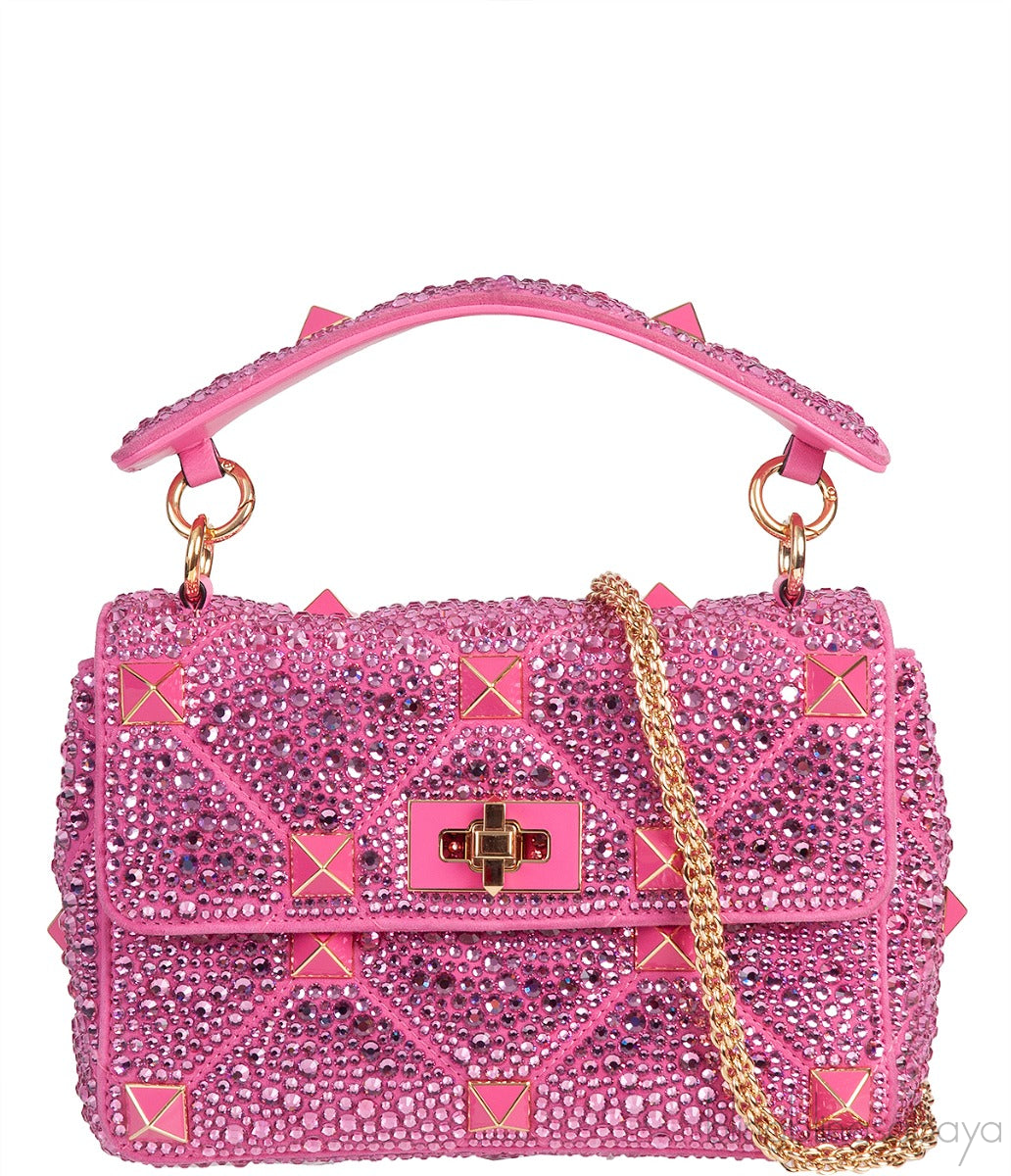 Fuchsia Pink Roman Stud Crystal-embellished Shoulder Bag