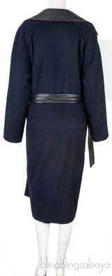 Blue Wool Leather Trim Trench Coat w/ Belt