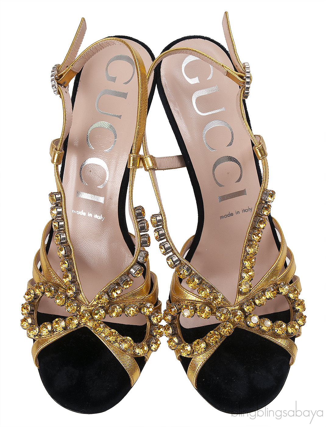 Black/Gold Velvet Nappa Crystal Zephyra Slingback Heels