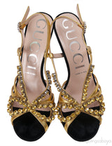 Black/Gold Velvet Nappa Crystal Zephyra Slingback Heels