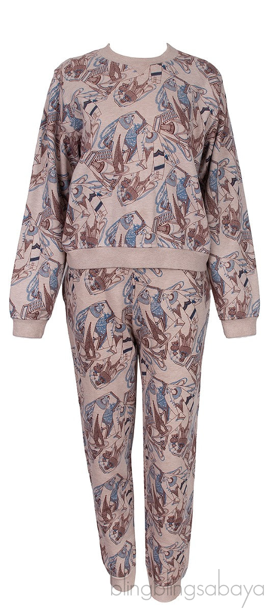 Light Brown Printed Cotton Blend Sweatshirt and Jogger