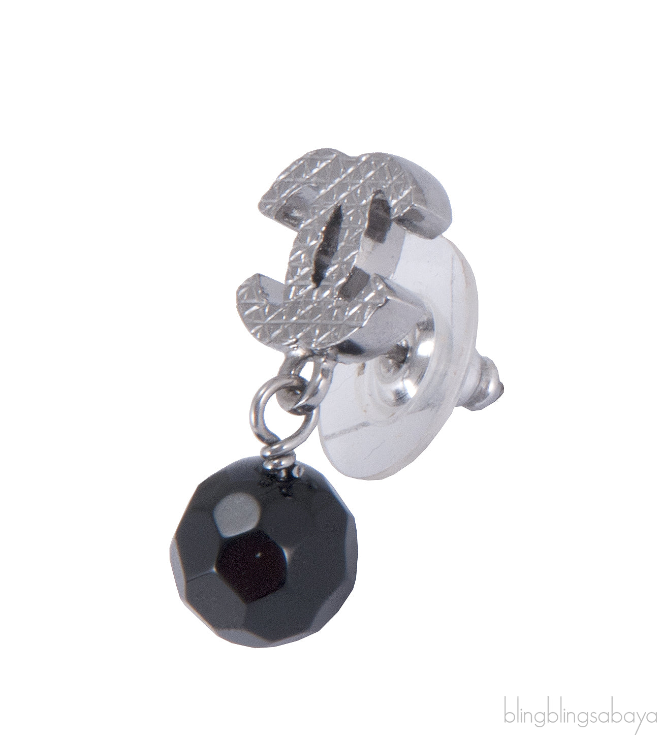 Silver CC Black Crystal Drop Earrings