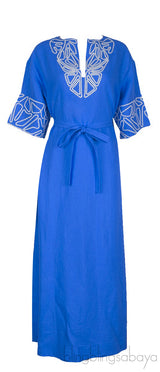 Blue Linen Embroidered Kaftan Dress