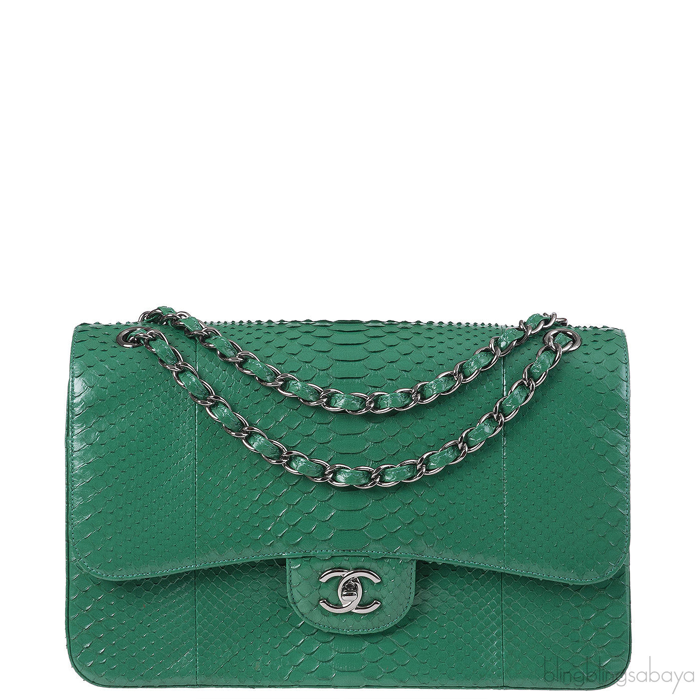 Chanel Classic Jumbo CC Emerald Green Python Flap Bag