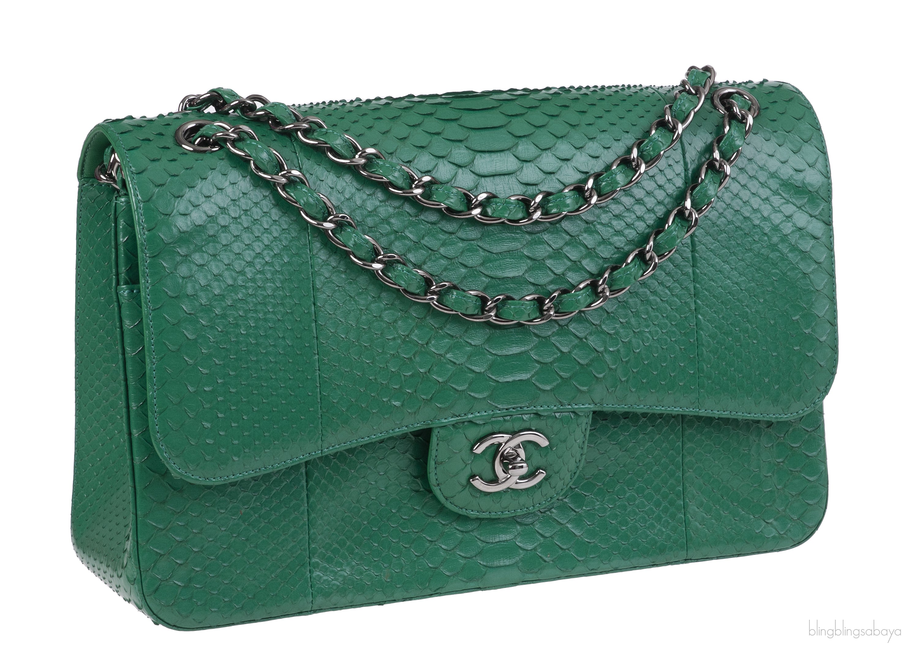 Chanel Classic Jumbo CC Emerald Green Python Flap Bag