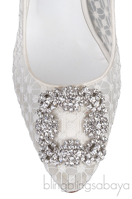 Hangisi White Embroidered Mesh Crystal Heels