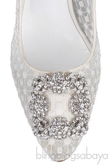 Hangisi White Embroidered Mesh Crystal Heels