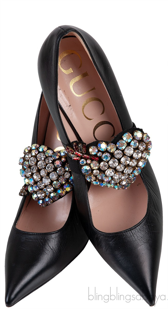 Black Leather Heart Crystal Heels