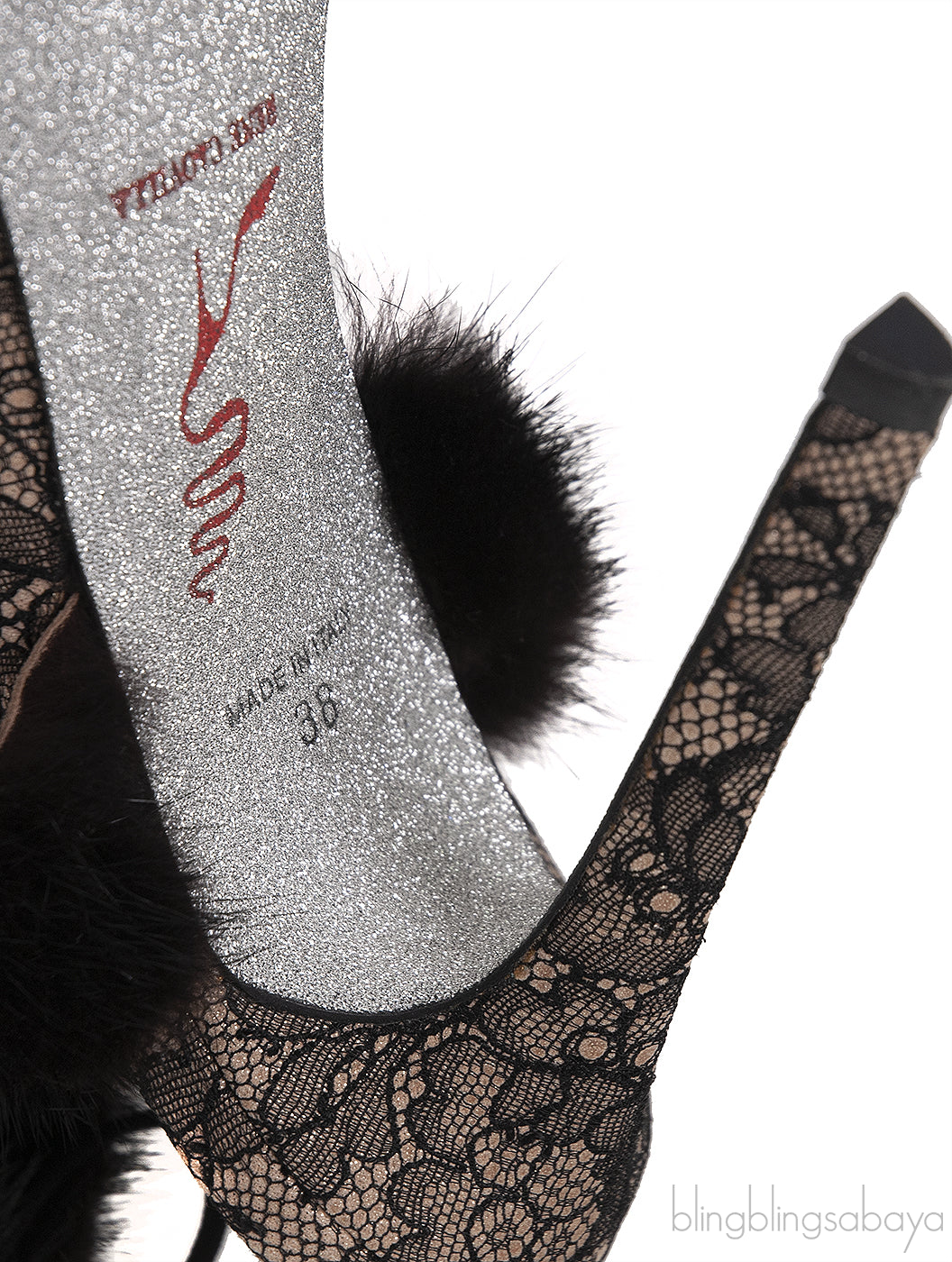 Lace and Fur Crystal Slingback Sandals