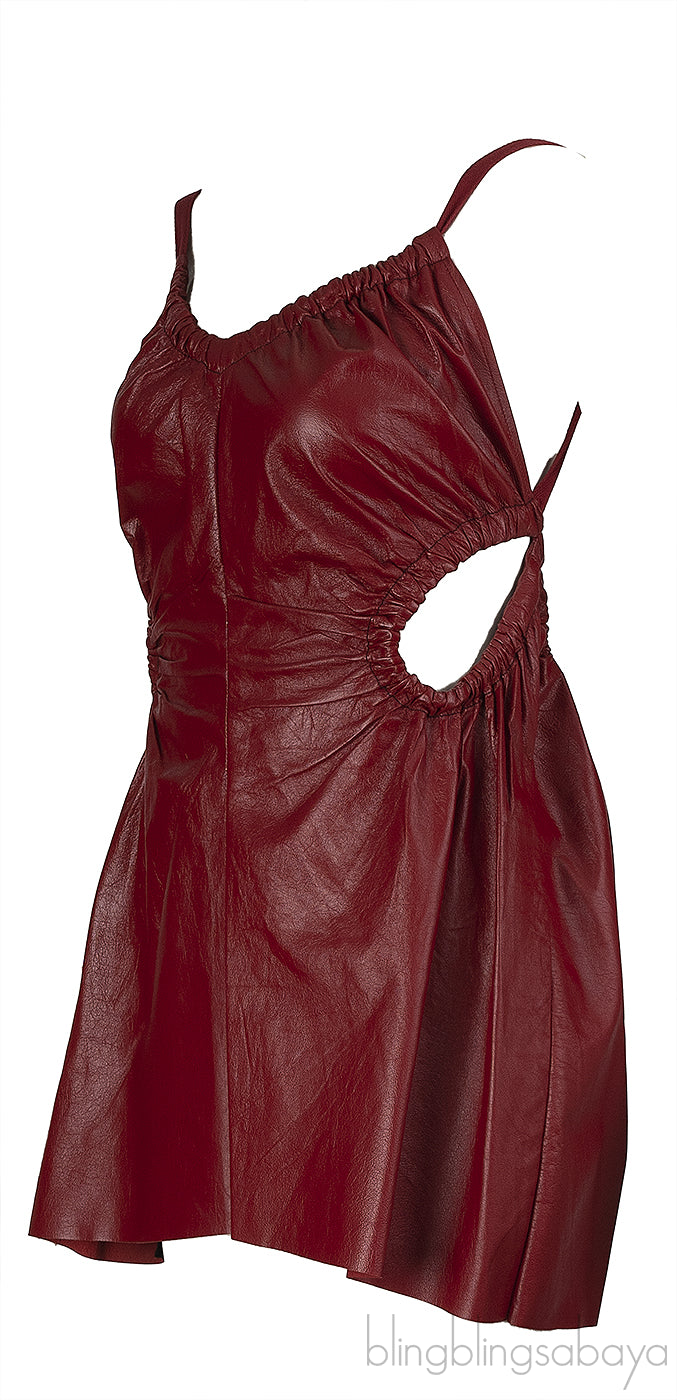 Celine Burgundy Leather Cut-out Midi Dress S