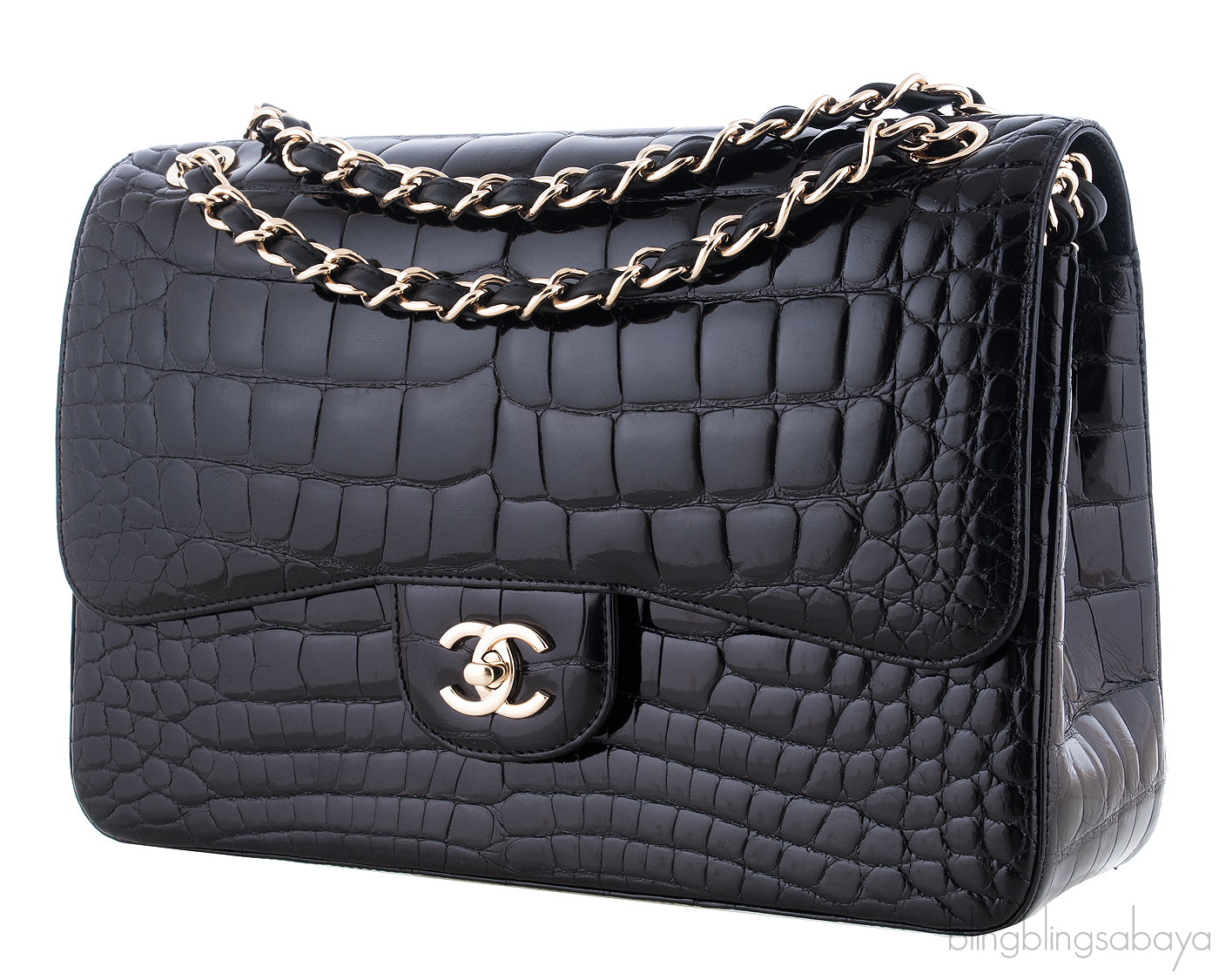 Black Patent Crocodile Flap Bag