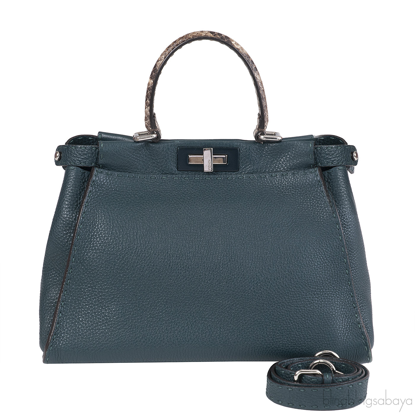 Fendi Selleria Peekaboo Dark Green Medium Python Handle Bag