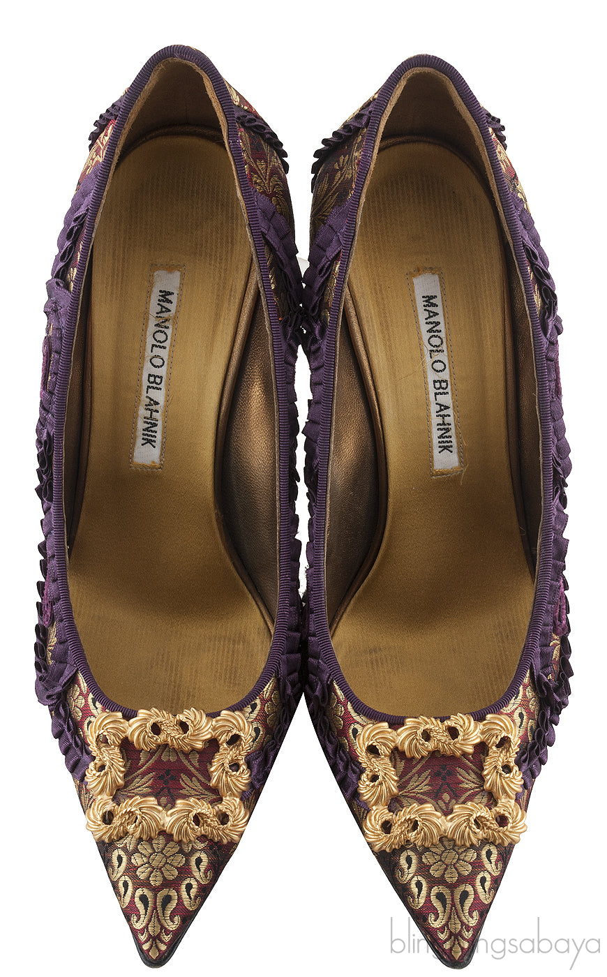 Gold Ruffled Printed Pointed Heels