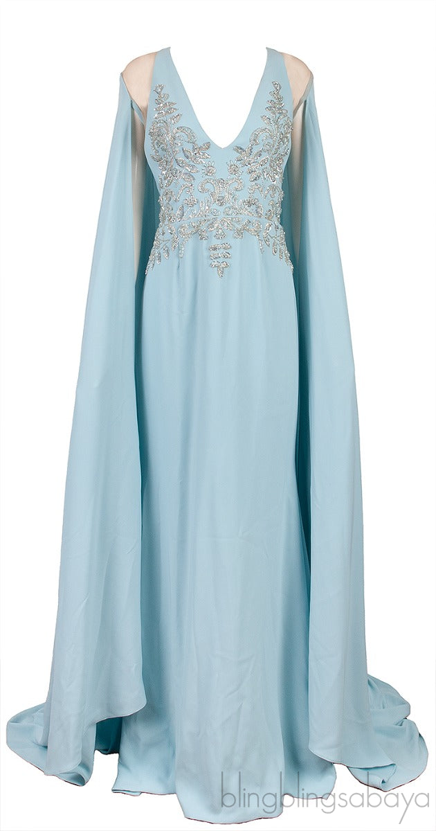 Light Blue Crystal Embellished Cape Gown