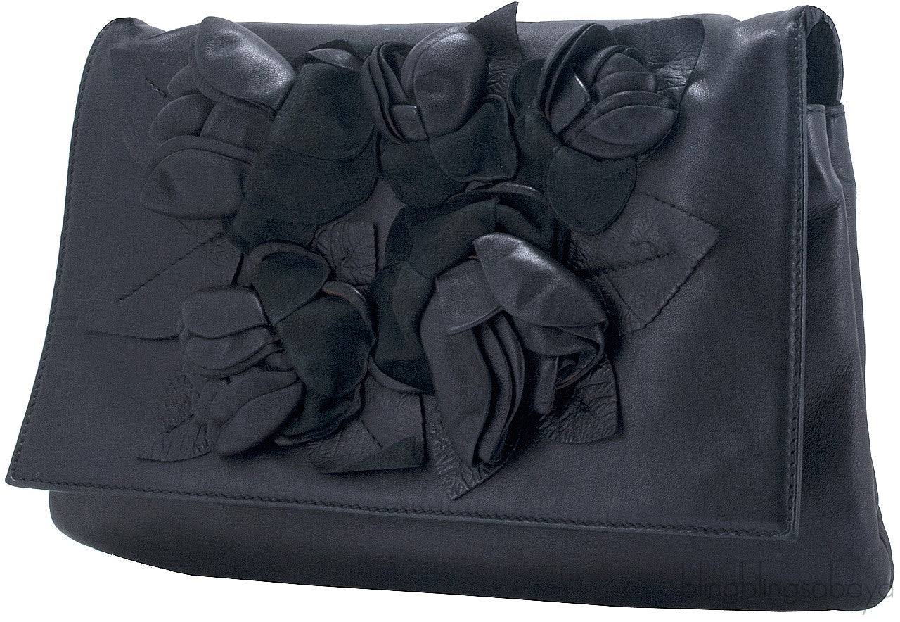 Rosette-appliquéd Leather Clutch
