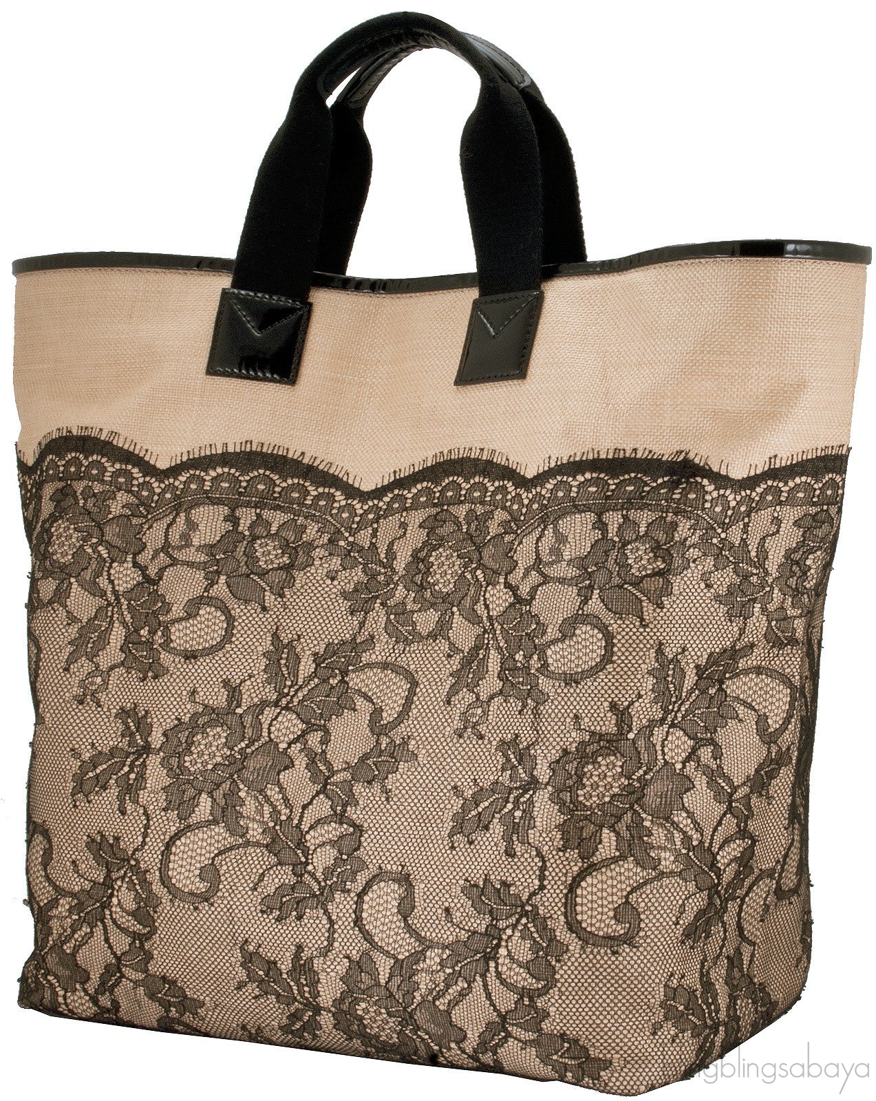 Beige Lace-appliquéd Raffia Tote