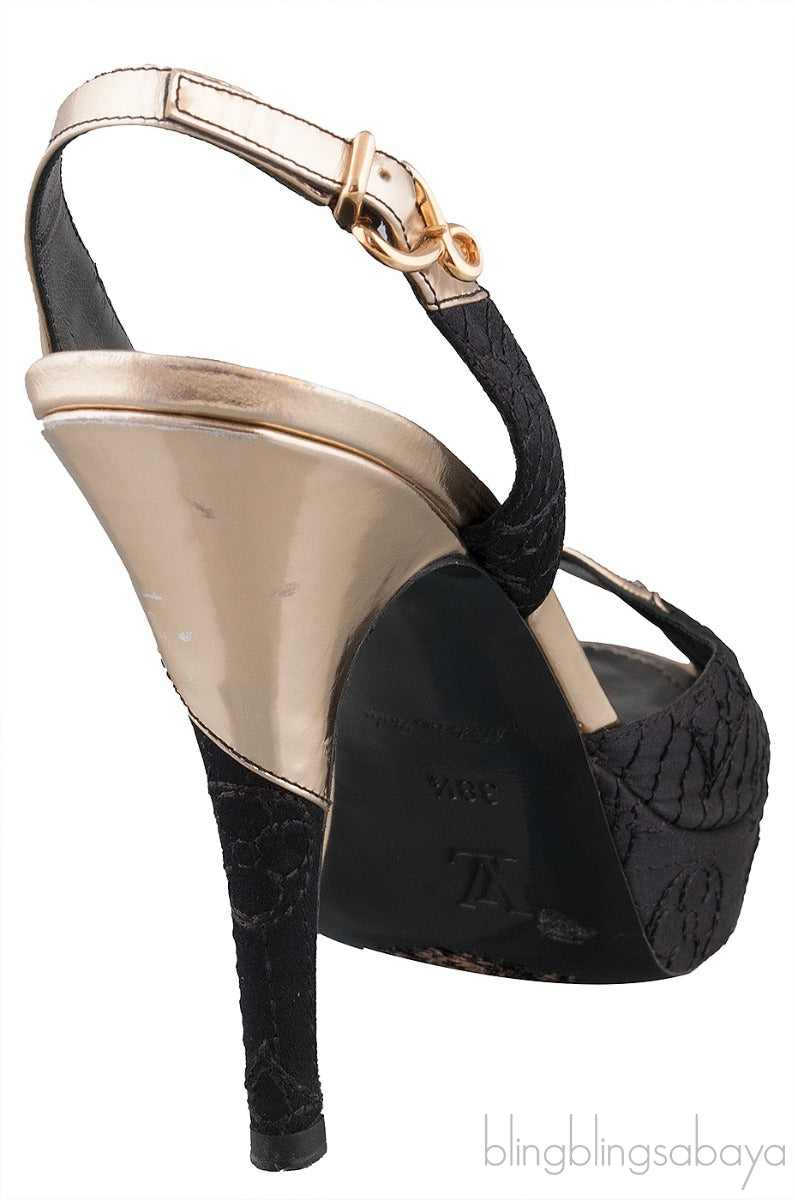 Gold Leather Black Fabric Slingback