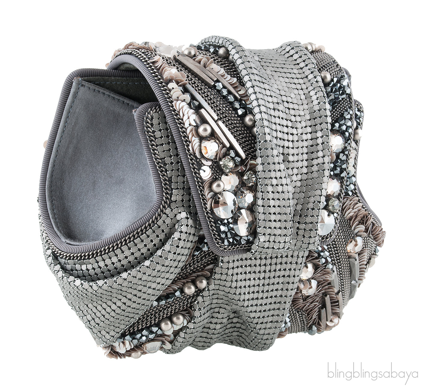Grey Satin Metal Mesh Clutch