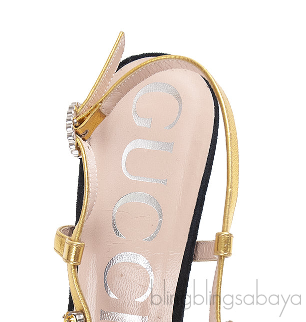 Black/Gold Velvet Nappa Crystal Zephyra Slingback Heels