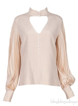 Beige Heart Cut-out Pleated Sleeve Blouse