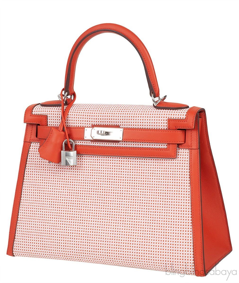 Kelly 28 Sellier Toile Quadrille Veau Swift Terre Battue-Mauve Sylvester-Blanc