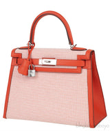 Kelly 28 Sellier Toile Quadrille Veau Swift Terre Battue-Mauve Sylvester-Blanc