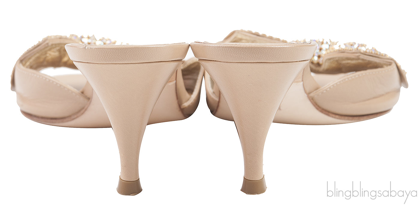 Nude Leather Bow Crystal Sandals