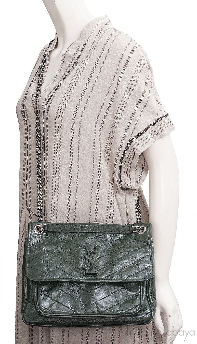 Yves Saint Laurent  Nikki Forest Green Medium Crinkled Leather Shoulder Bag
