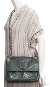 Yves Saint Laurent  Nikki Forest Green Medium Crinkled Leather Shoulder Bag