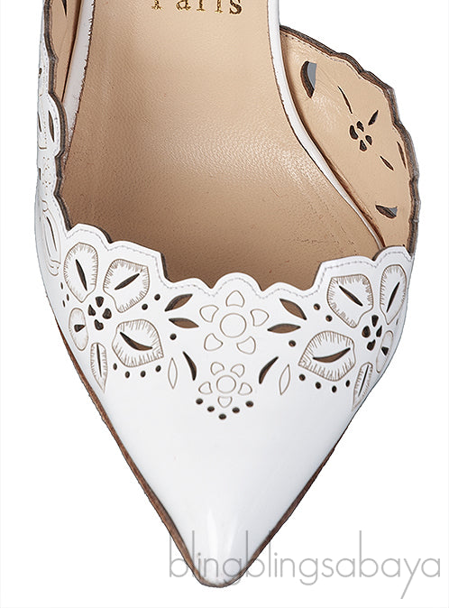 White Laser Cut Pointed Toe Heels
