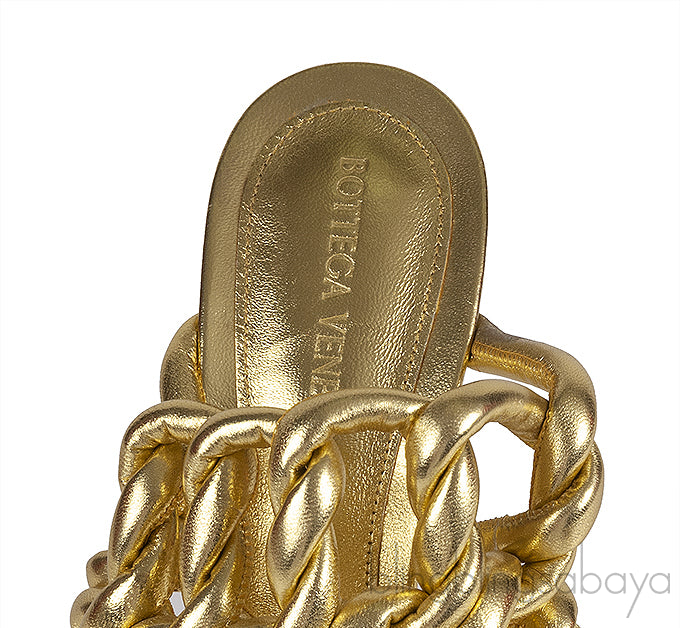 Bottega Veneta Metallic Gold Reflection Weave Square Toe Sandals