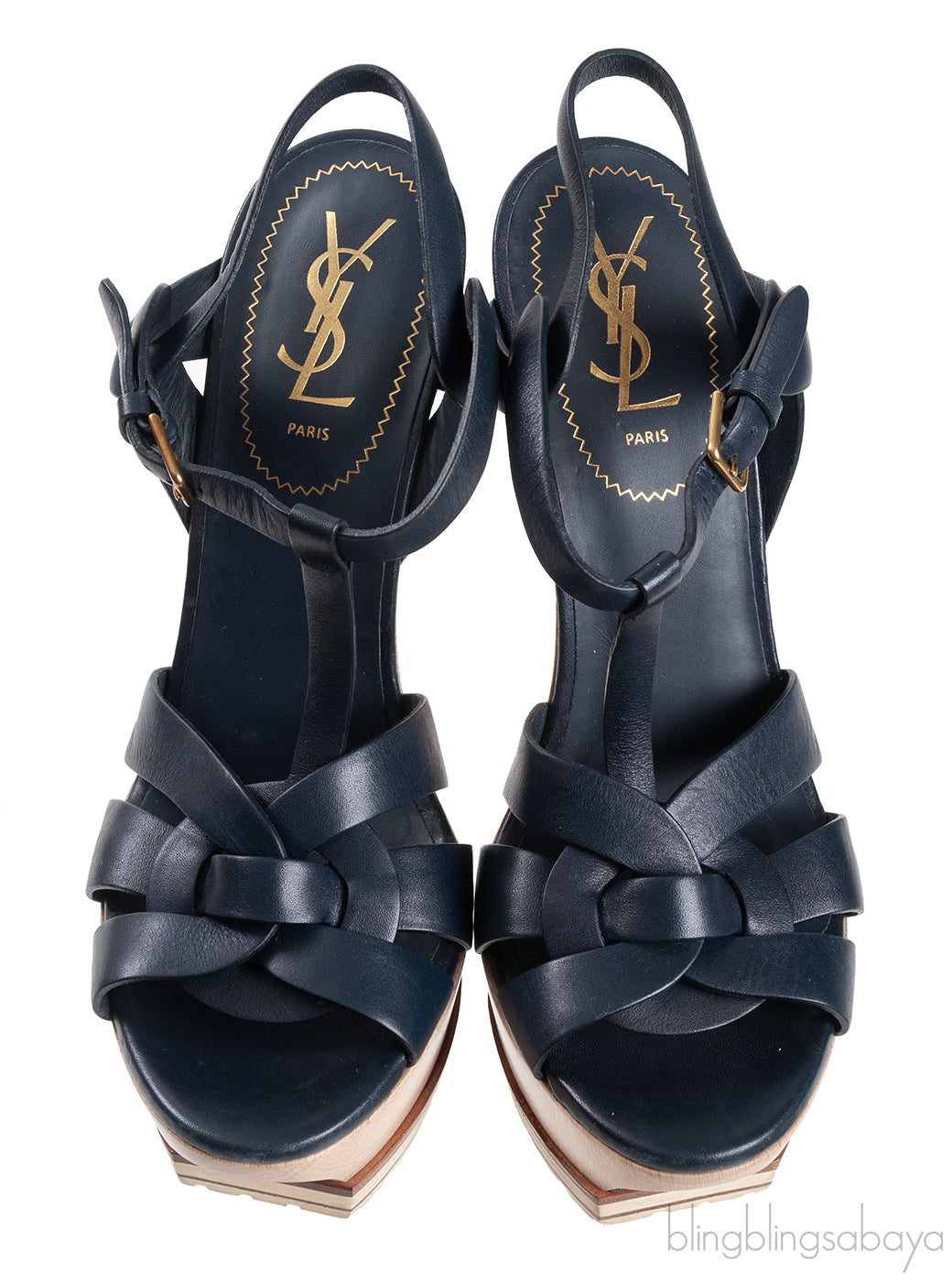Yves Saint Laurent Blue Leather & Wood Heels Tribute