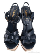 Yves Saint Laurent Blue Leather & Wood Heels Tribute