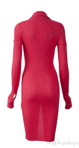 Fuchsia Pink Knit Ribbed Dress