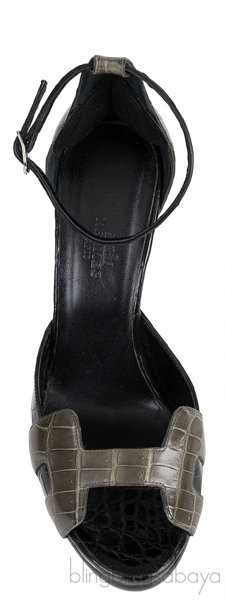 H Initial Black Bicolor Crocodile Heels