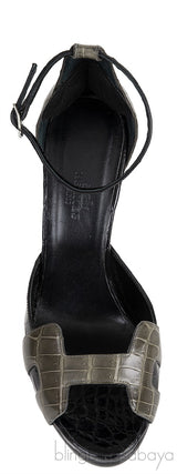 H Initial Black Bicolor Crocodile Heels