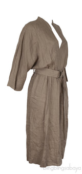 Moss Green V-neck Belted Linen Midi Dress