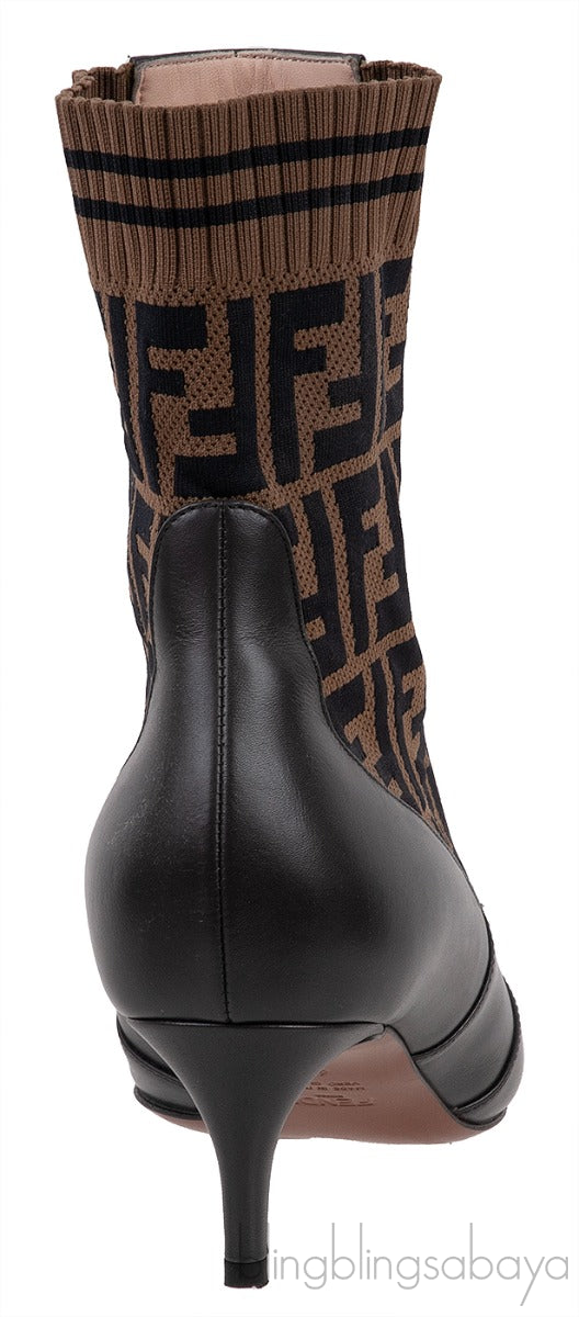 FF Brown Monogram Zucca Logo Print Kitten Boots