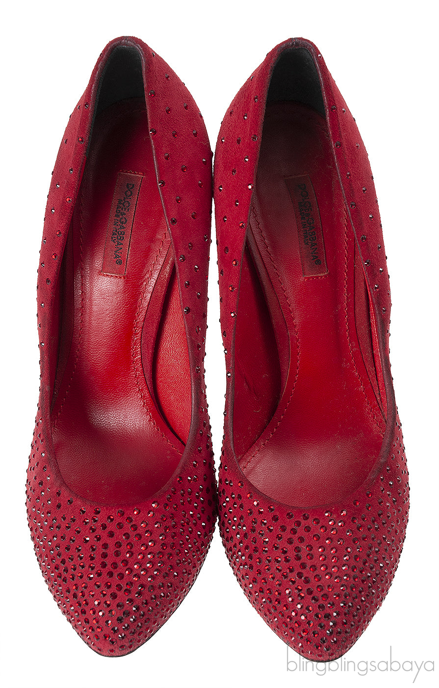 Dolce & Gabbana Red Suede Crystal Heels