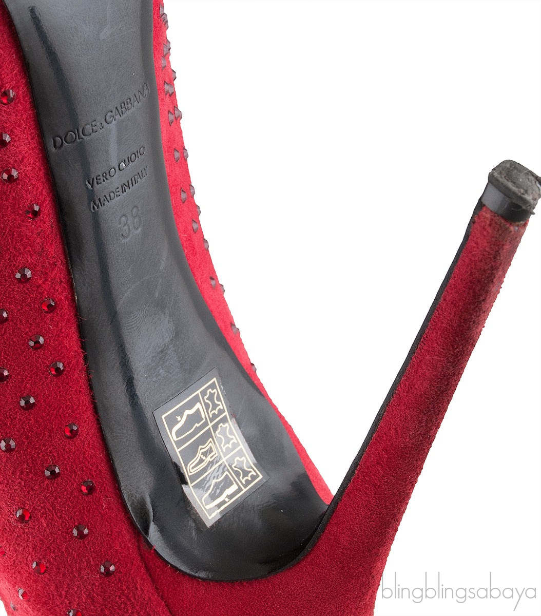Dolce & Gabbana Red Suede Crystal Heels