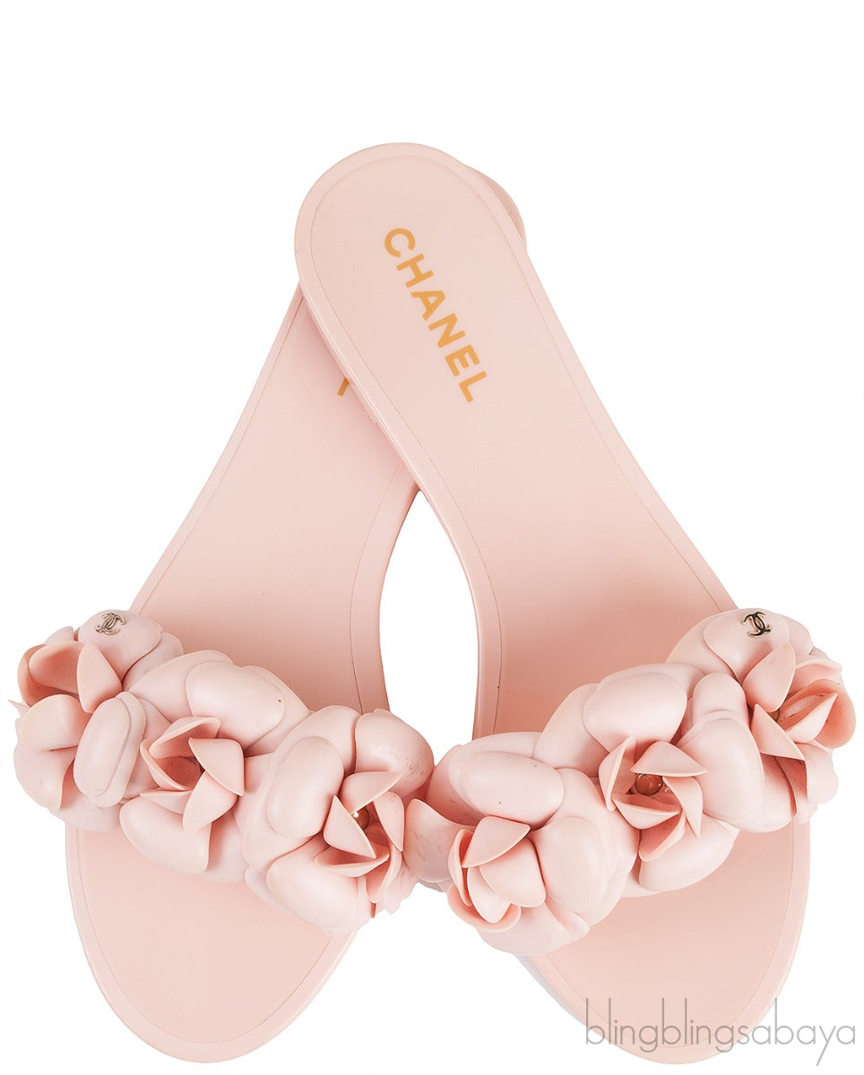 Pink Camellia Rubber Logo Mules